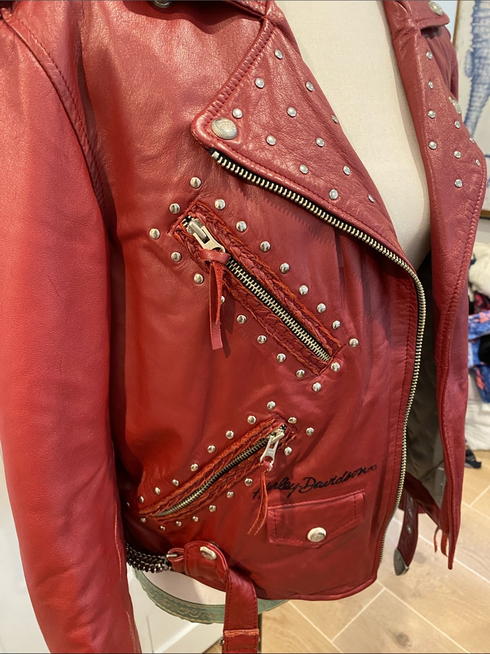 Harley-Davidson Red Studded Leather Moto Jacket - Picture 3 of 7